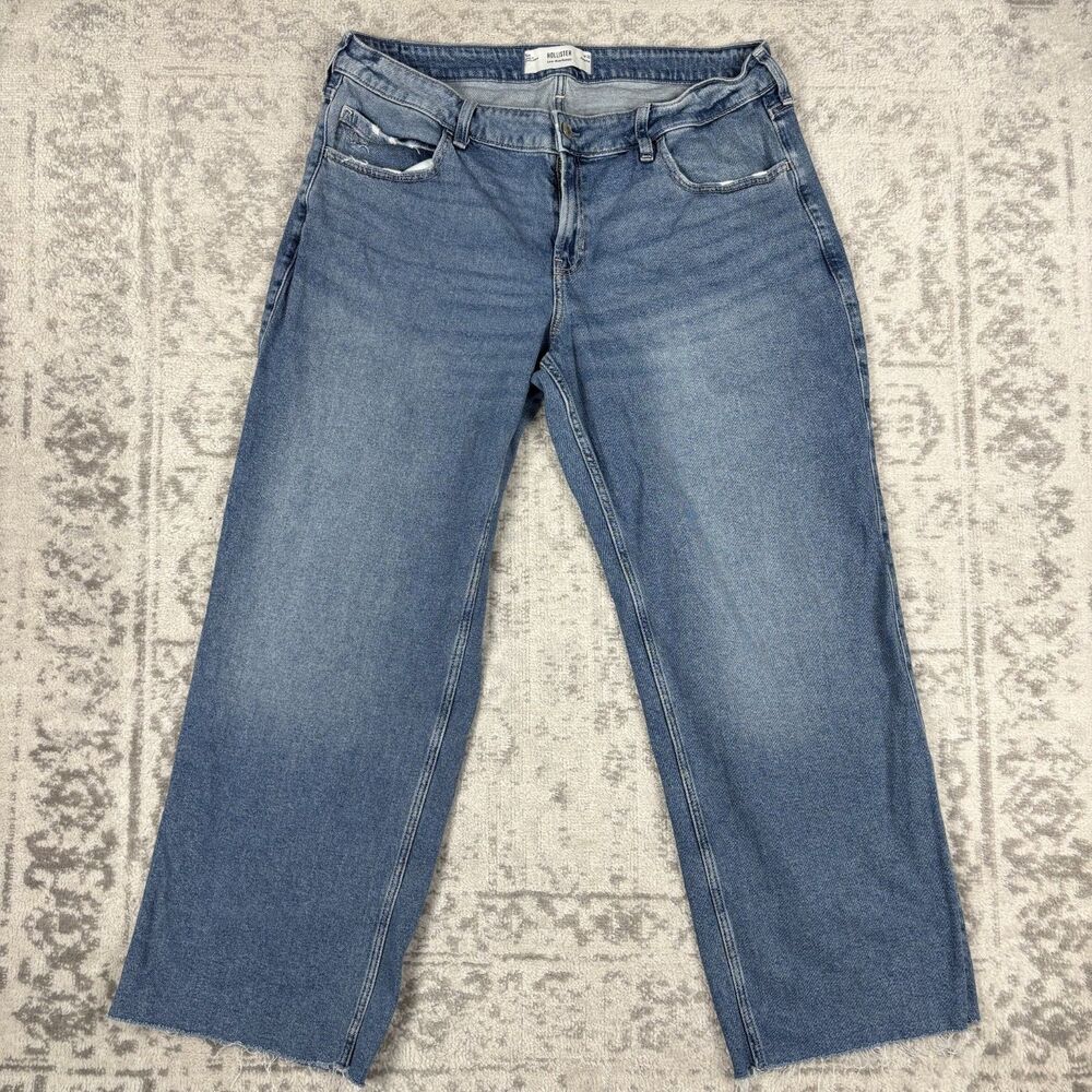 Hollister Jeans Women Blue Curvy Low Rise Baggy Wide Leg Short Denim Size 33 16R